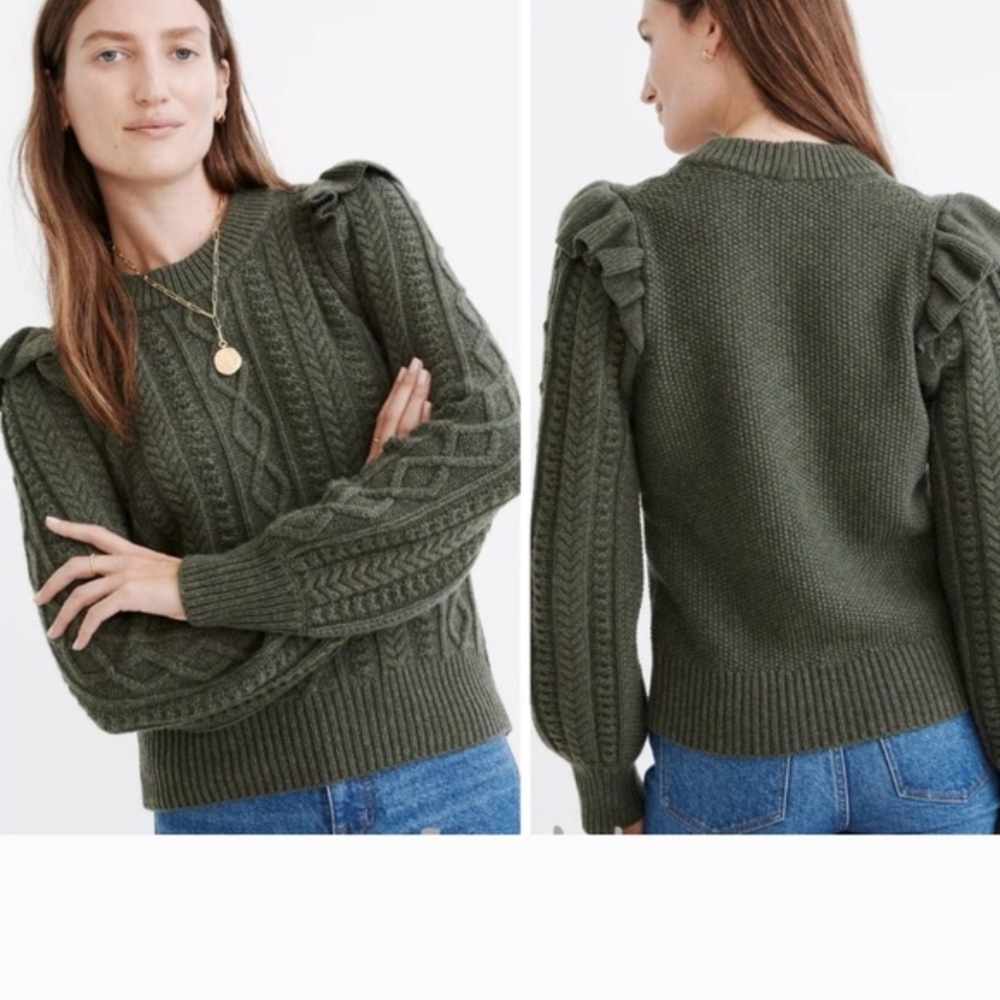 Madewell Olive Cable Ruffle-Shoulder Crew Sweater